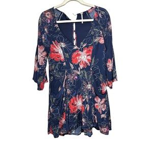 Free People Womens Sz 2 All Eyes On You Navy Blue & Pink Floral Mini Tunic Dress